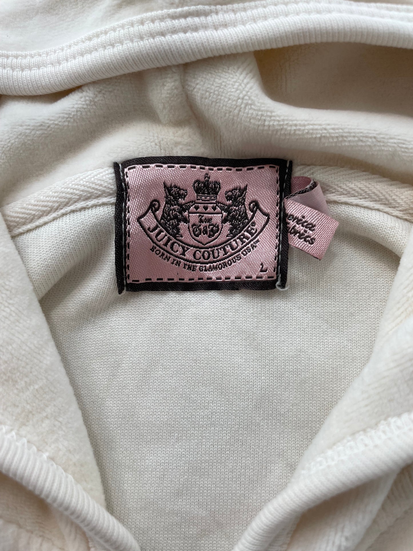 Vintage Juicy Couture Women's Off-White Velour Full Zip Hoodie Graphic Size L