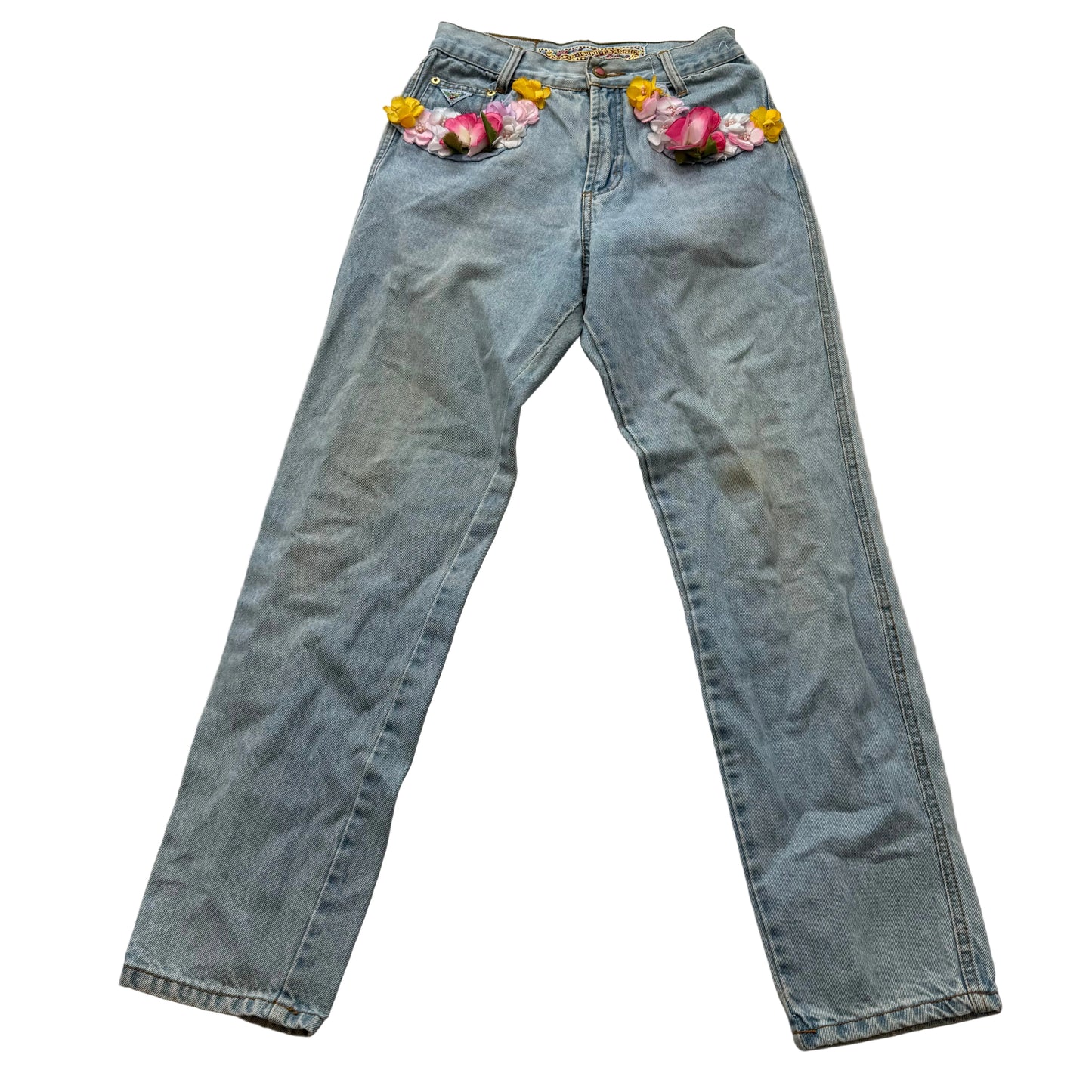 JouJou Womens Blue Denim Straight Jeans 3D Flower Embellished Pockets Size 9/10