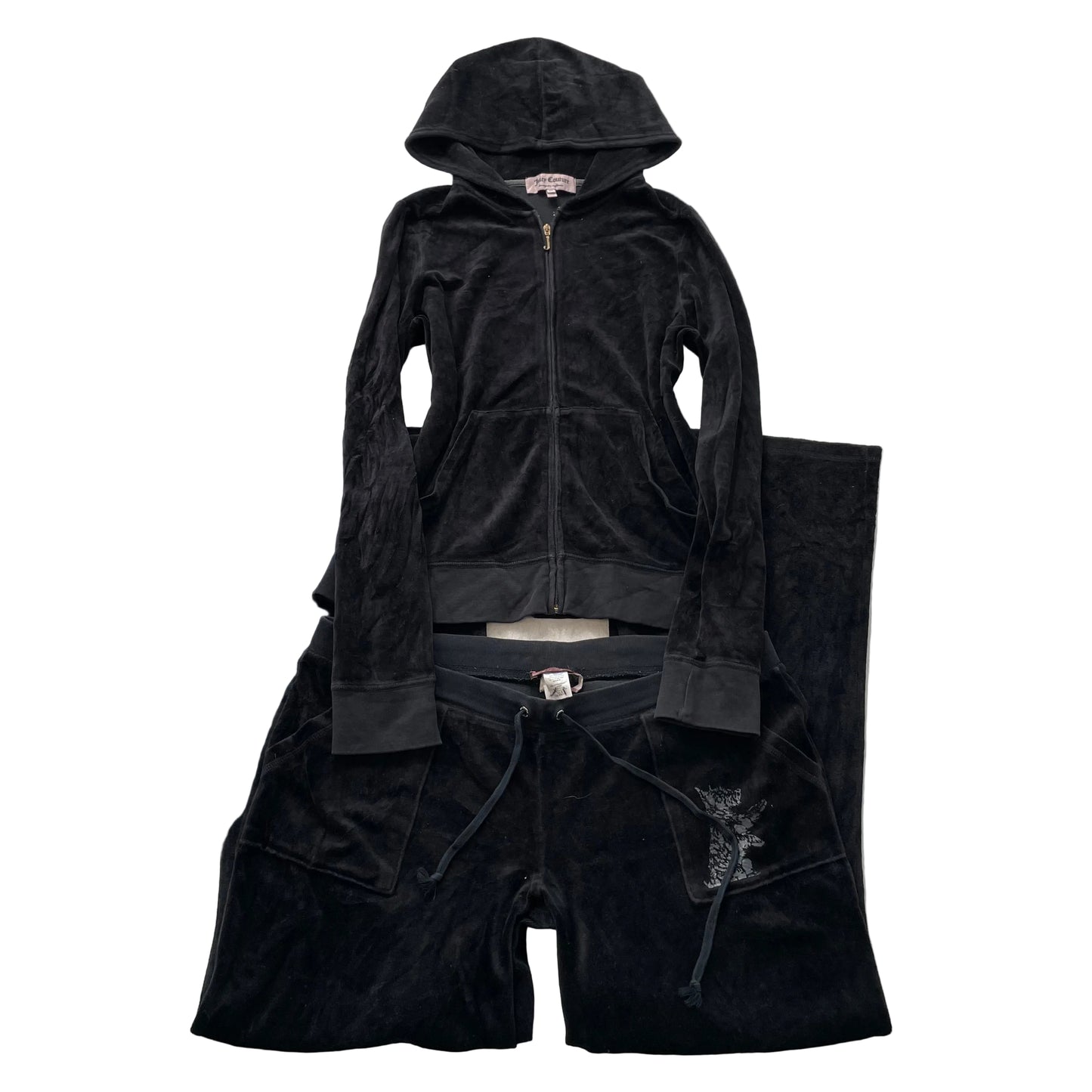 Juicy Couture Women's Black Velour Tracksuit Set Hoodie & Pant Pockets Size XL