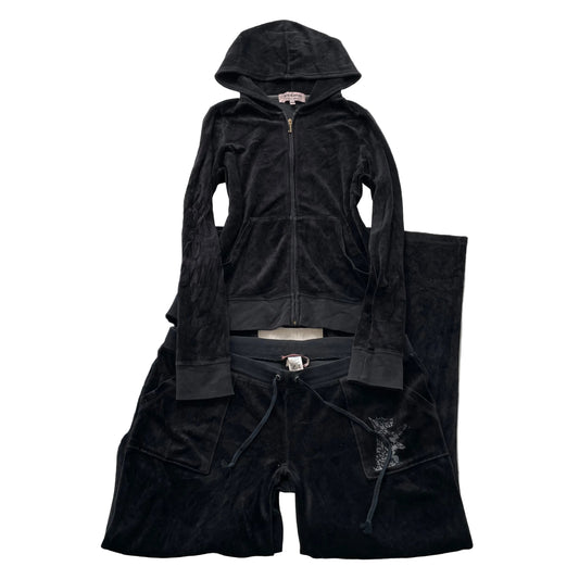 Juicy Couture Women's Black Velour Tracksuit Set Hoodie & Pant Pockets Size XL