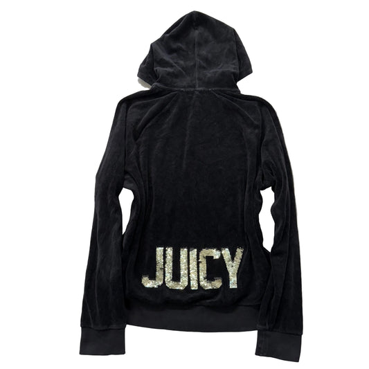 Juicy Couture Womens Black Velour Zip-Up Hoodie Gold Sequin Logo Spellout Size L