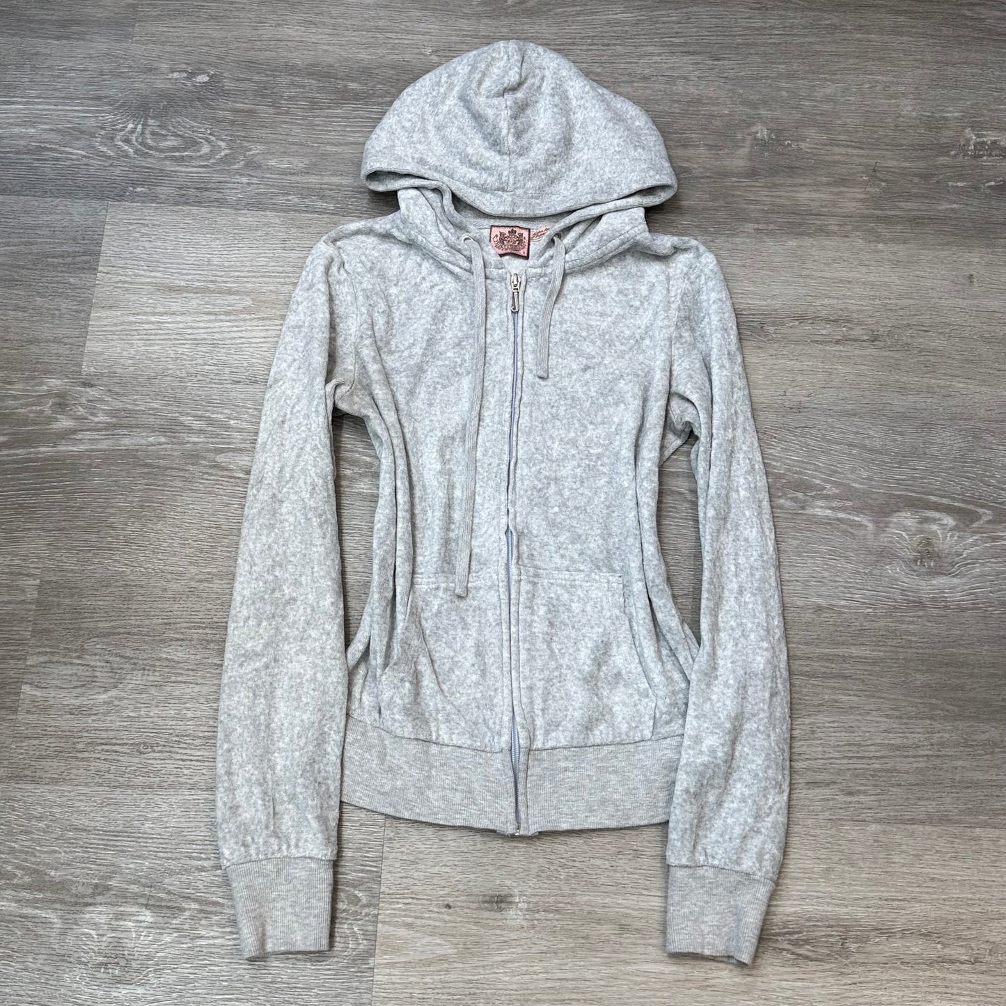 Vintage Juicy Couture Womens Heather Gray Velour Zip-Up Hoodie Drawstring Size S