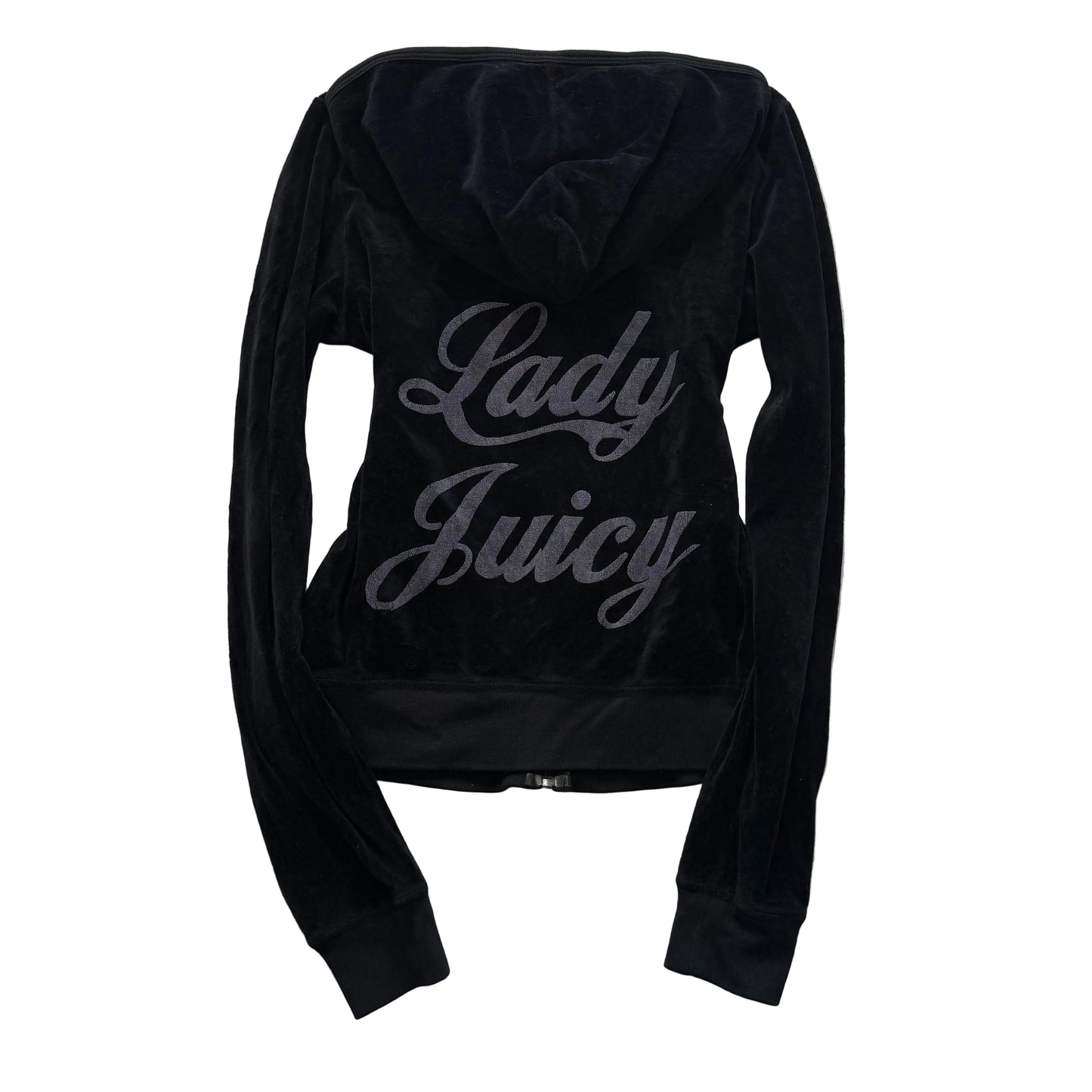 Vintage Juicy Couture “Lady Juicy” Women's Black Velour Full Zip Hoodie Size L
