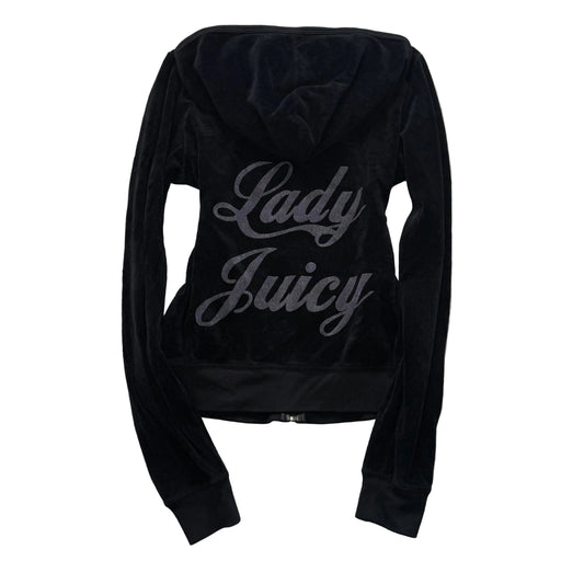 Vintage Juicy Couture “Lady Juicy” Women's Black Velour Full Zip Hoodie Size L