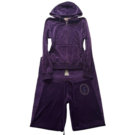Vintage Juicy Couture Women Deep Purple Velour Hoodie & Flared Pant Y2k Size L/S