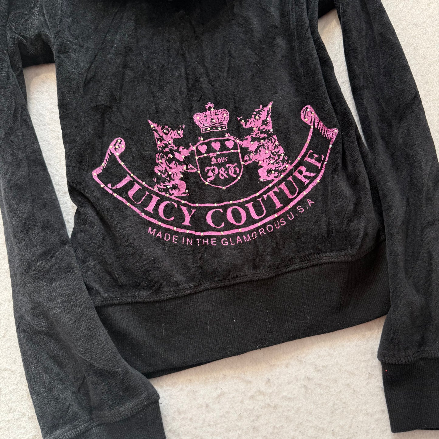 Vintage Juicy Couture Scottie Dogs Women's Black Velour Zip-Up Hoodie Logo Size S