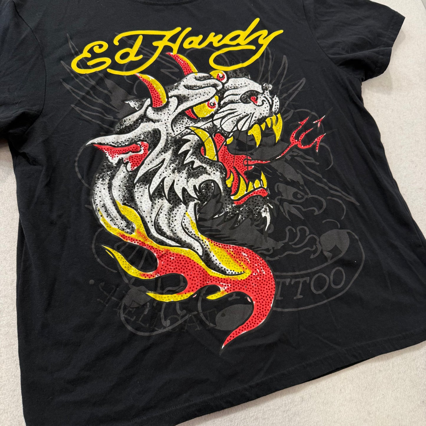 Ed Hardy Men's Black Cotton T-Shirt Panther with Flames Graphic Tee Size L
