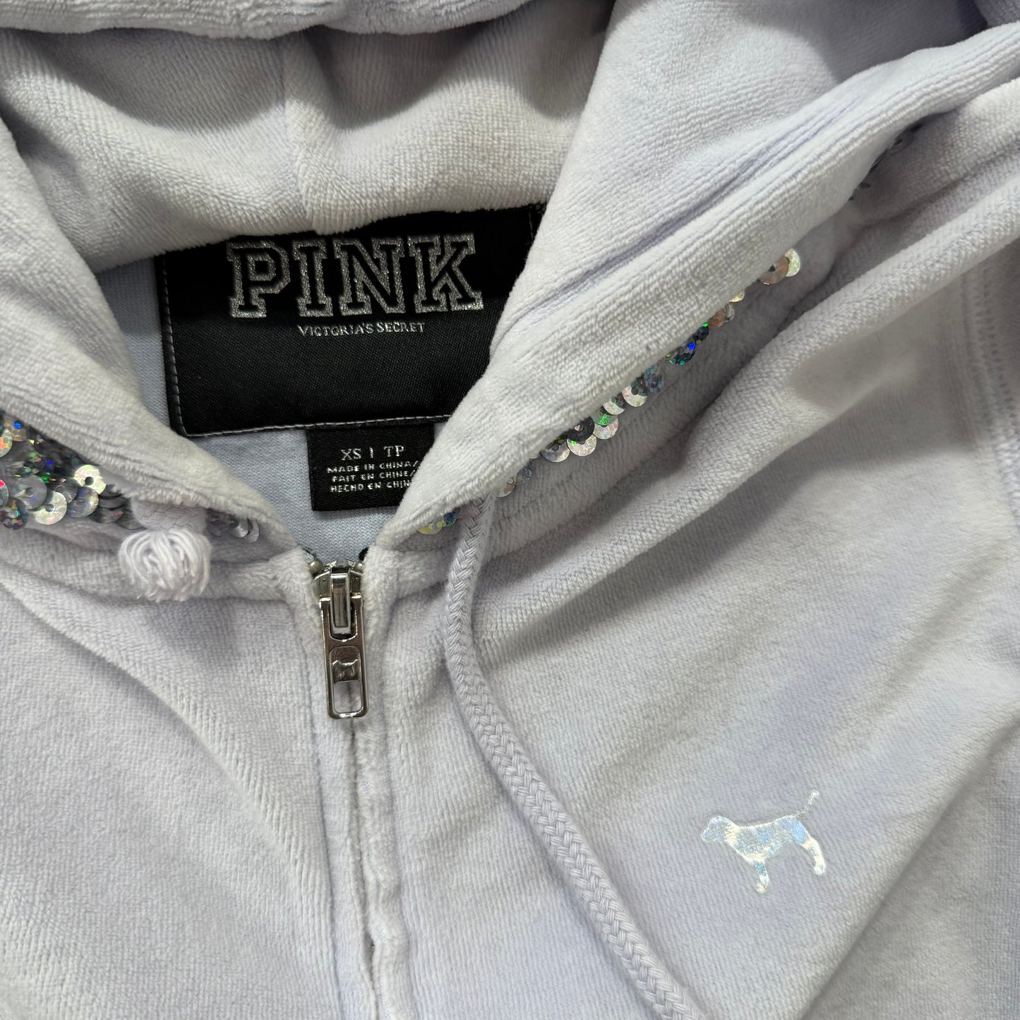 Vintage Victoria’s Secret PINK Gray Velour Sequin Hooded Zip Hoodie Size XS