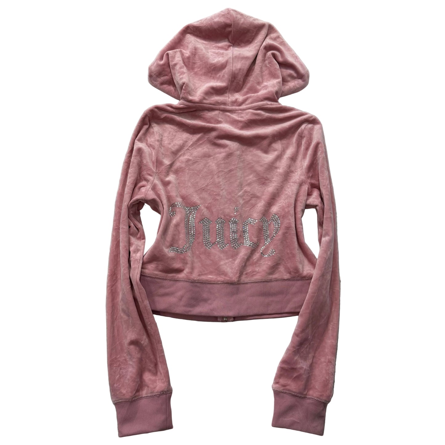 Juicy Couture Women's Light Pink Velour Cropped Hoodie Rhinestone Logo Size M