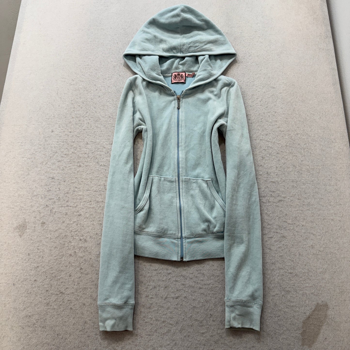 Juicy Couture Women Light Blue Velour Zip-Up Hoodie Crest Logo Loungewear Size P