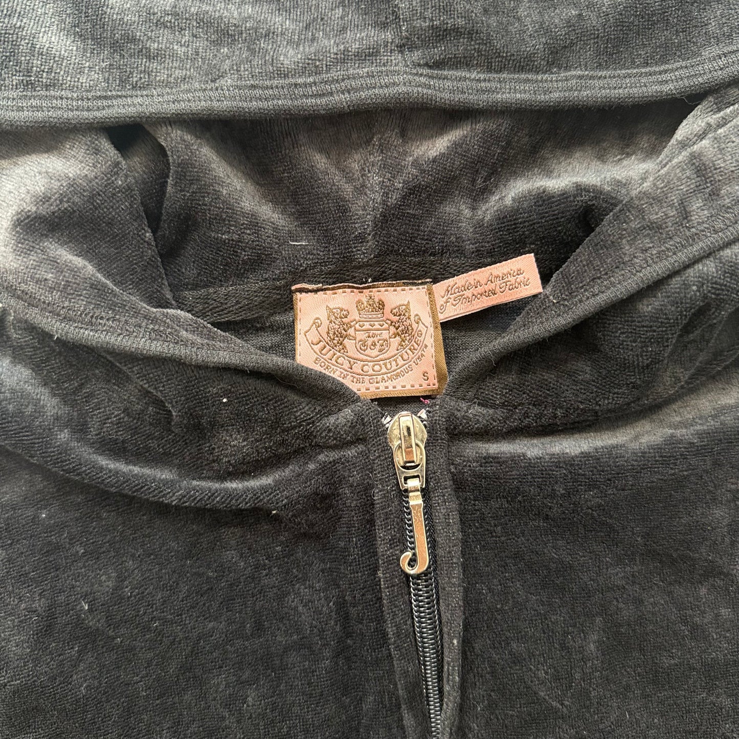 Vintage Juicy Couture Women's Black Velour Zip-Up Hoodie Loungewear Pockets Size S