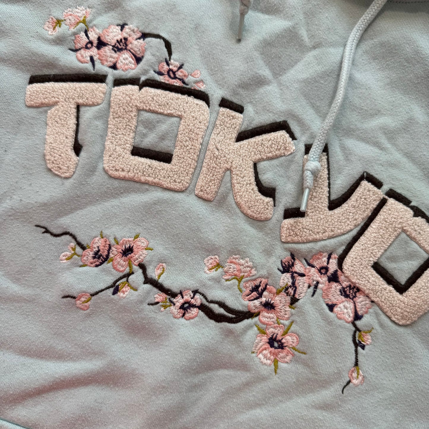 Urban Outfitters Tokyo Womens Mint Blue Hoodie Cherry Blossom Embroidered Size S