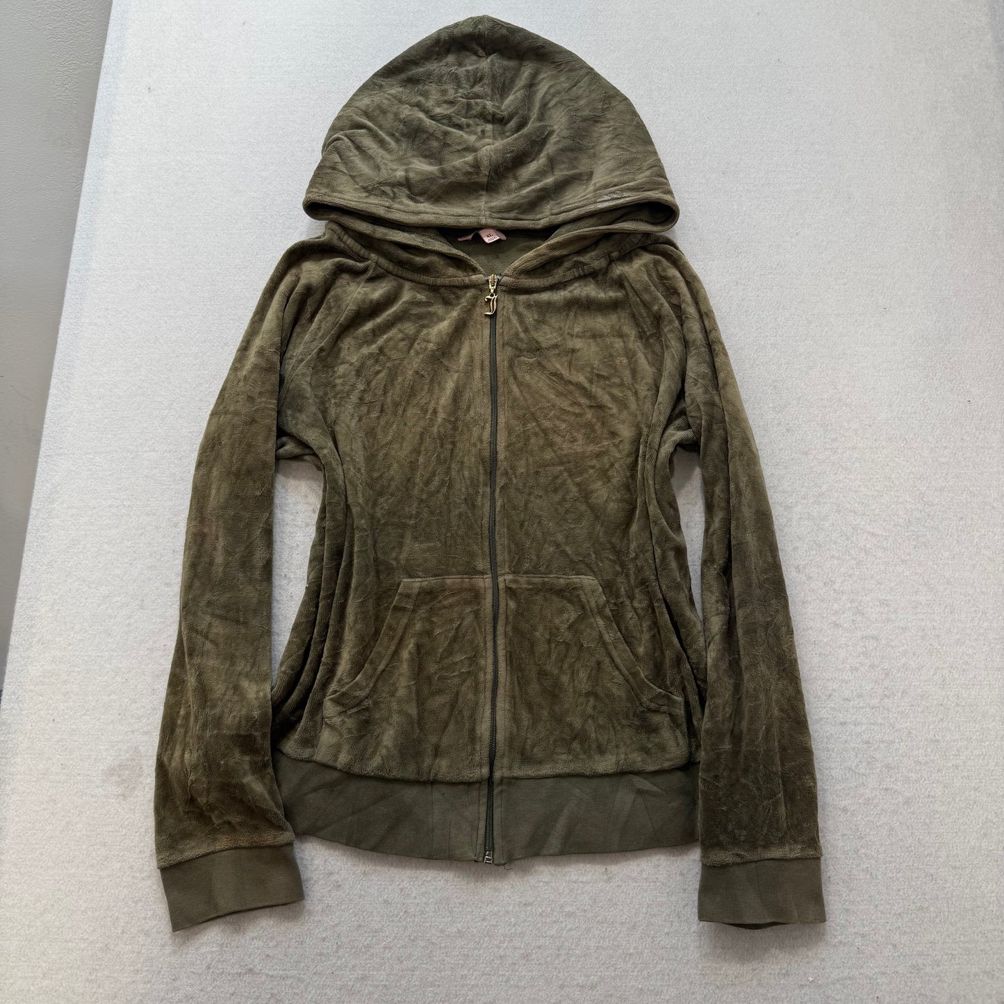 Juicy Couture Women's Olive Green Velour Zip-Up Hoodie Gold Sequins Logo Size XL