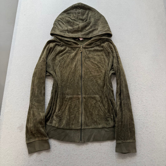 Juicy Couture Women's Olive Green Velour Zip-Up Hoodie Gold Sequins Logo Size XL