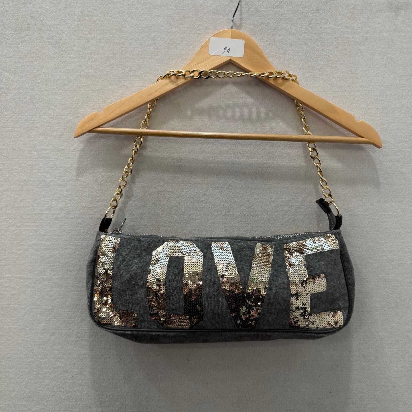 Victoria's Secret PINK Gray Velour Sequin Gold Chain Strap Shoulder Bag Size L