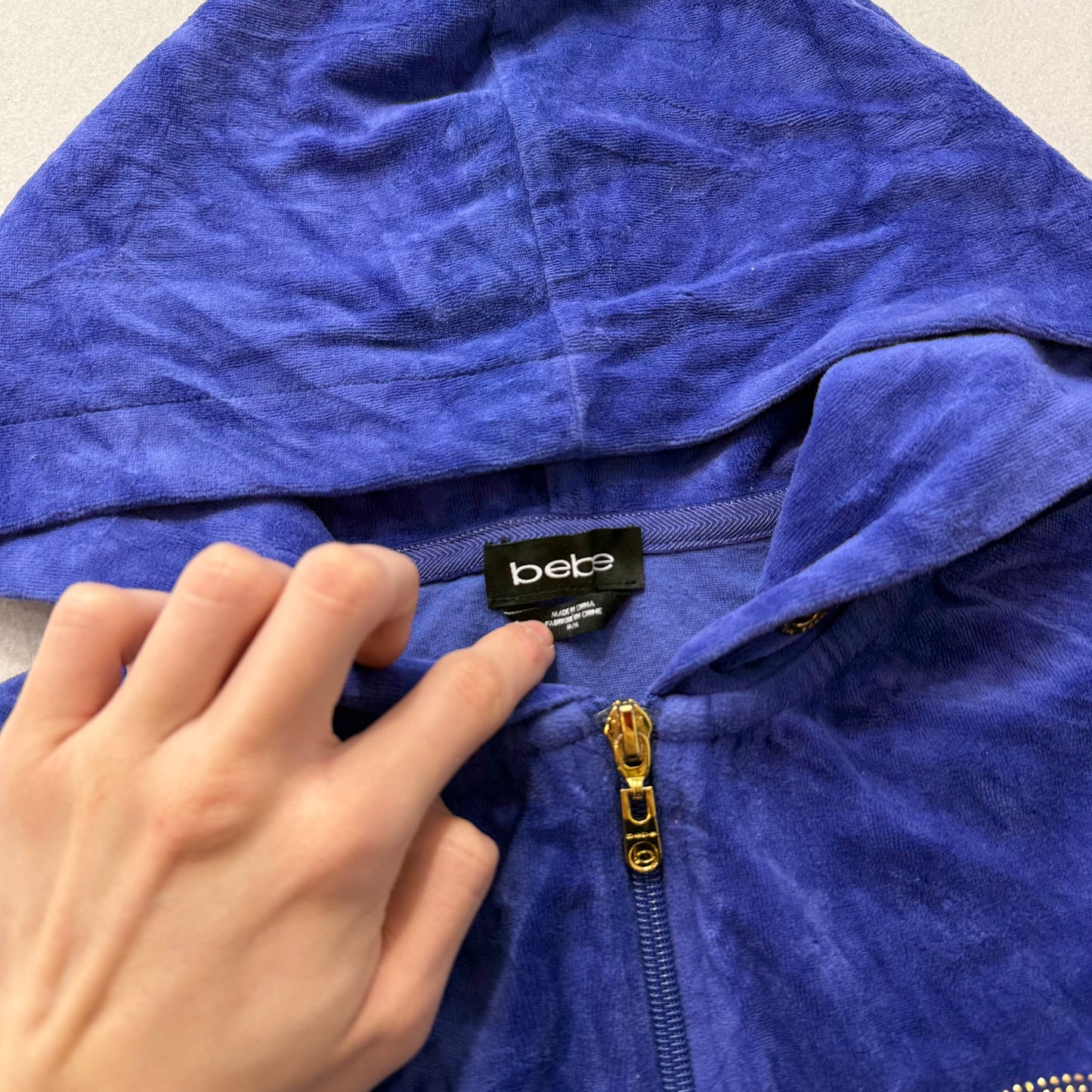 Bebe Women's Cobalt Blue Velour Zip Up Hoodie Loungewear Sequins Logo Y2K Size S