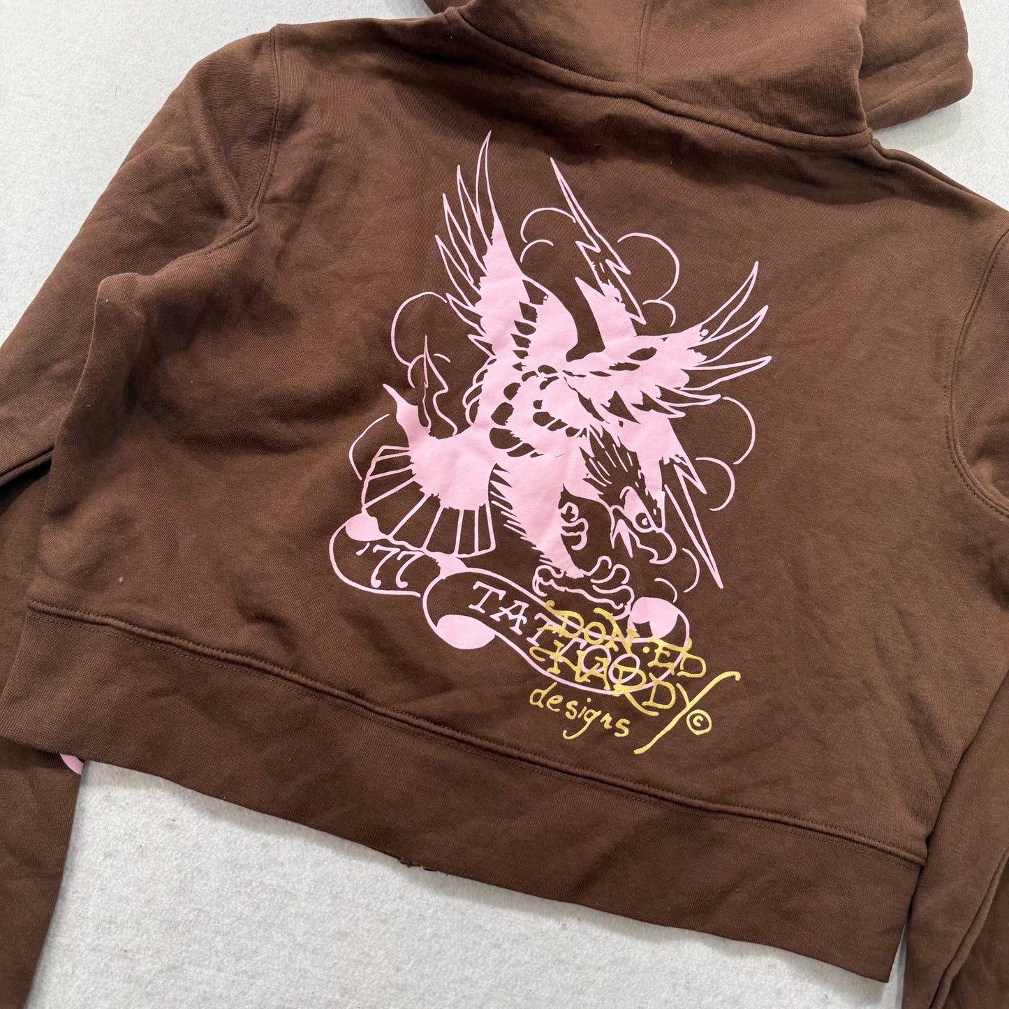 Ed Hardy Women's Brown Zip Up Cropped Hoodie Long Sleeves Tiger Graphic Size XL