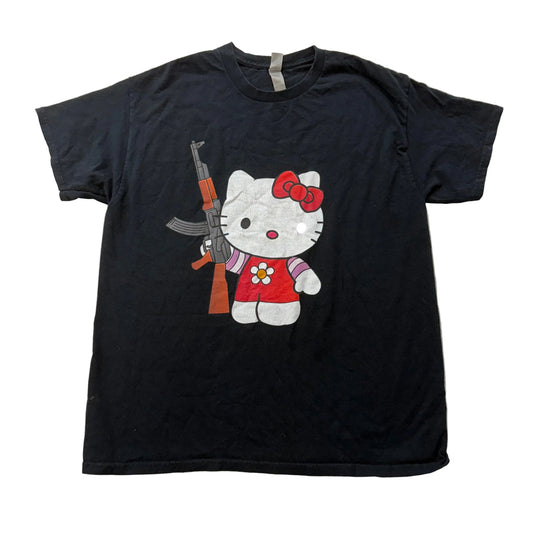 Gildan Hello Kitty AK-47 Women's Black Graphic Print T-Shirt Short Sleeve Size L