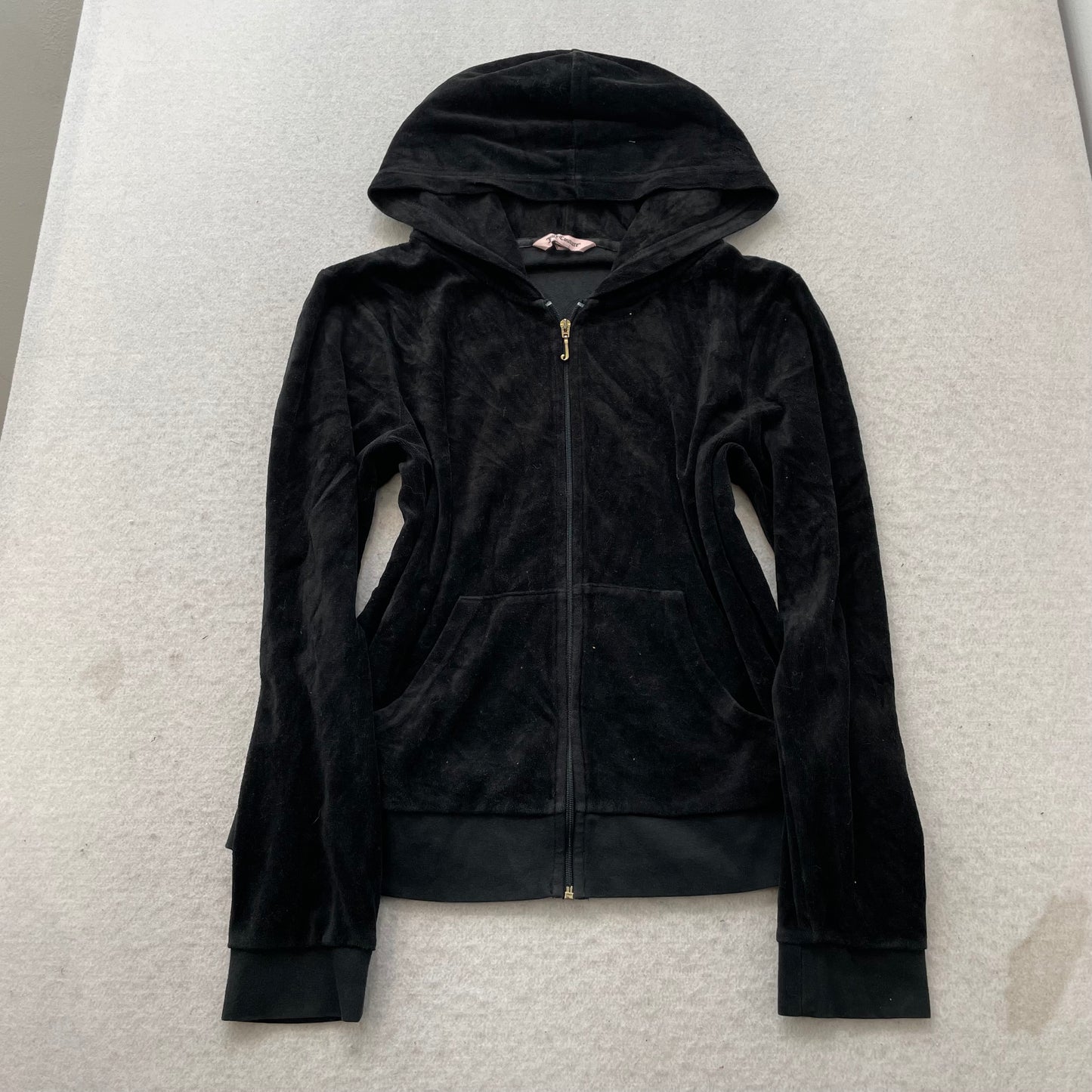 Juicy Couture Women's Black Velour Zip-Up Hoodie Rhinestone "JC" Logo Y2k Size L