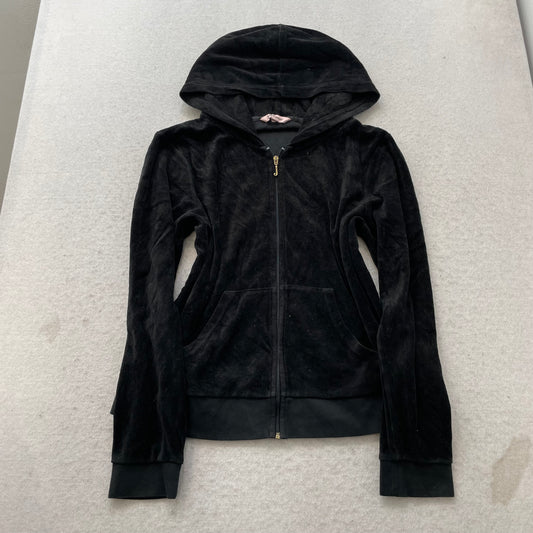 Juicy Couture Women's Black Velour Zip-Up Hoodie Rhinestone "JC" Logo Y2k Size L