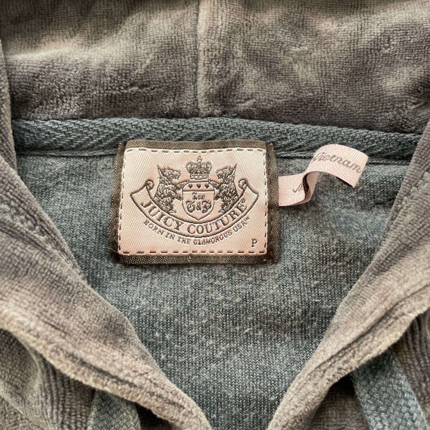 Juicy Couture Women Charcoal Grey Velour Zip-Up Hoodie Back Graphic Print Size P