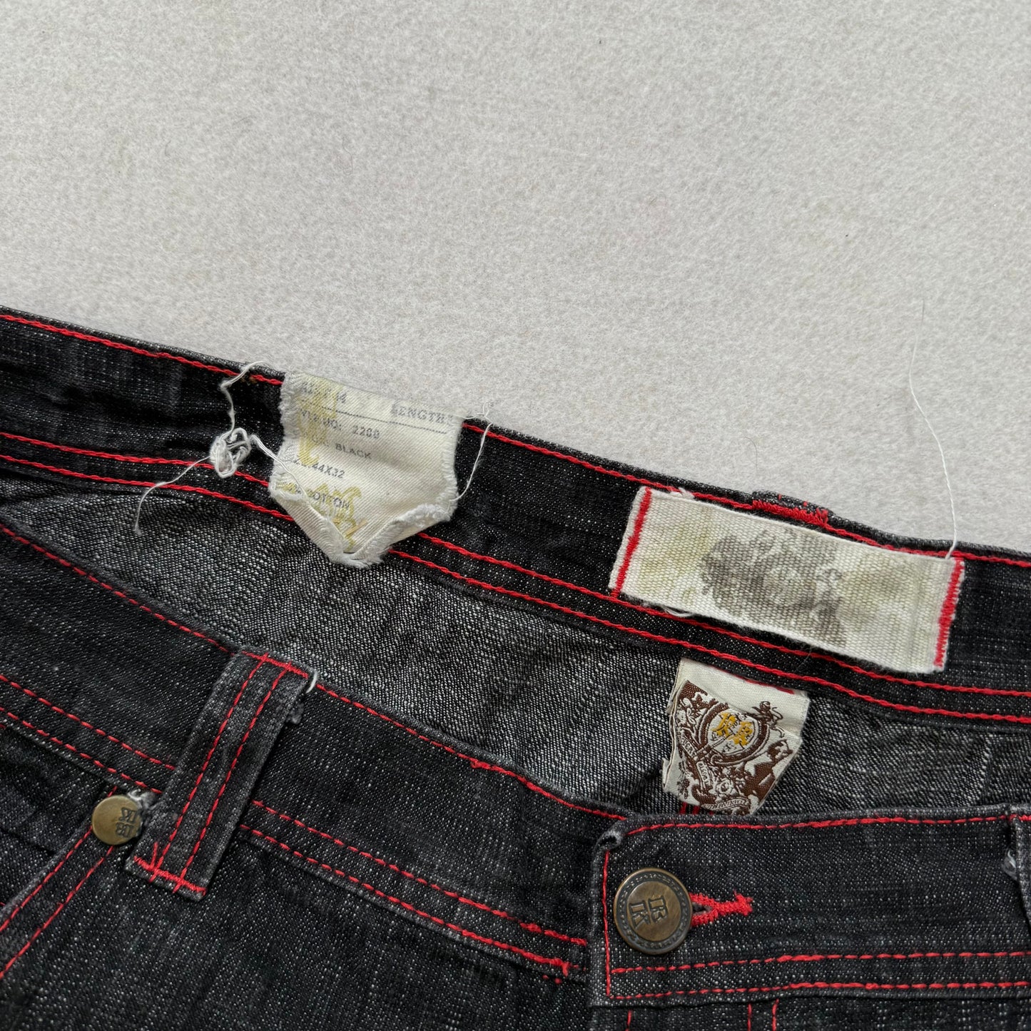RK Richards Jeans Co Black Denim Straight Leg Jeans Red Contrast Stitching Size 21
