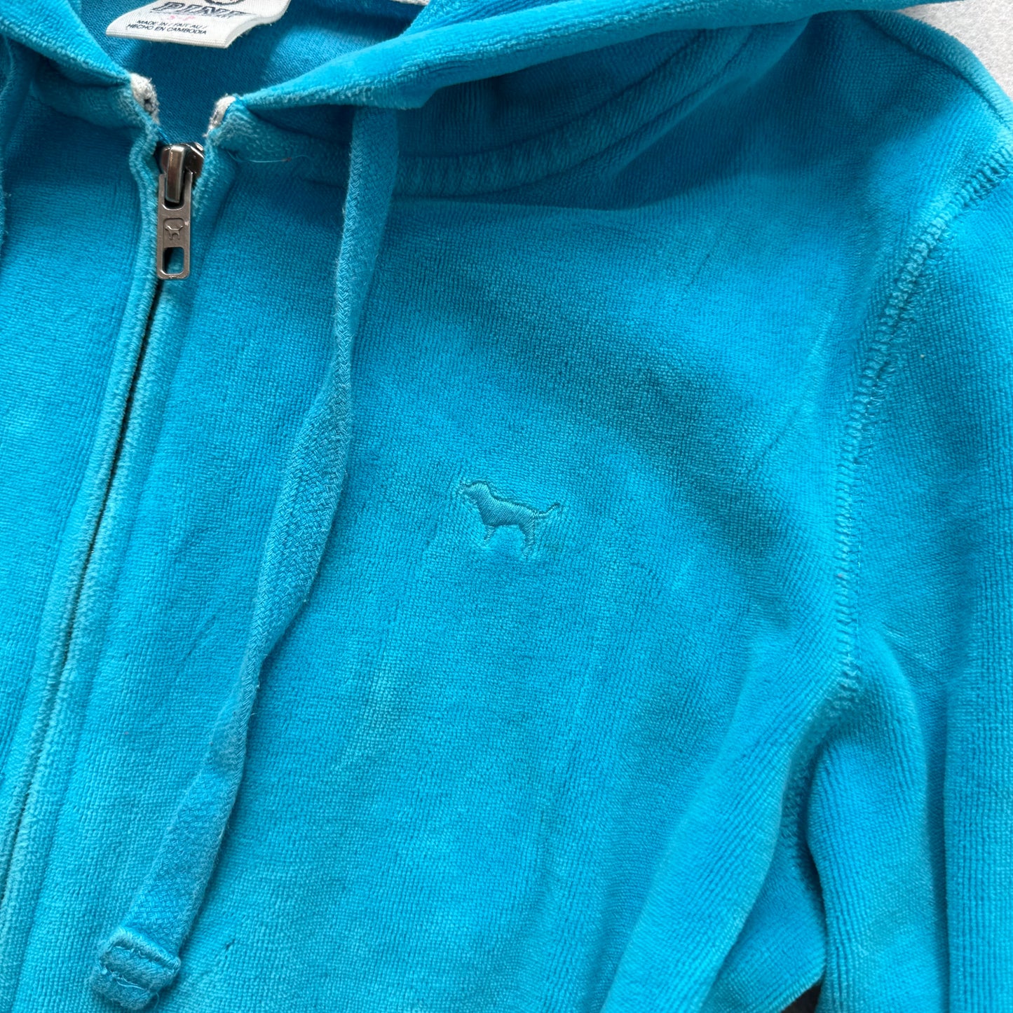 PINK Victoria's Secret Women Bright Cyan Velour Zip Up Hoodie Preppy Logo Size S