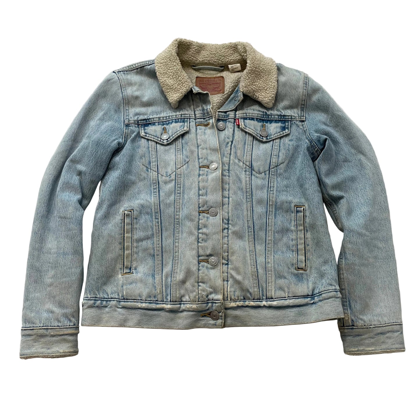 Levi's Women's Blue Light Wash Denim Trucker Jacket Sherpa Lined Pockets Size S