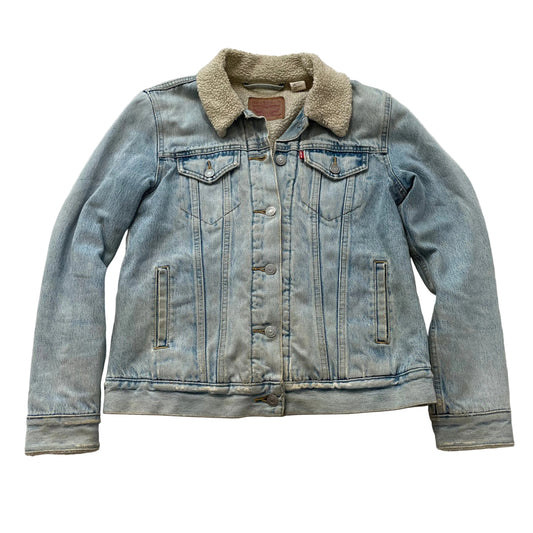 Levi's Women's Blue Light Wash Denim Trucker Jacket Sherpa Lined Pockets Size S
