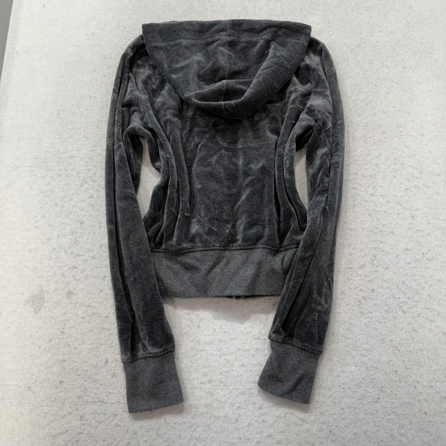 Bebe Sport Women's Dark Gray Velour Zip-Up Hoodie Pockets Rhinestone Logo Size S