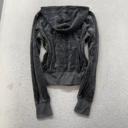 Bebe Sport Women's Dark Gray Velour Zip-Up Hoodie Pockets Rhinestone Logo Size S