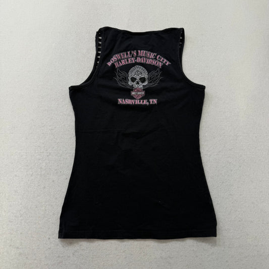Harley Davidson Women Jet Black Cotton Tank Top Shredded Shoulder Graphic Size S