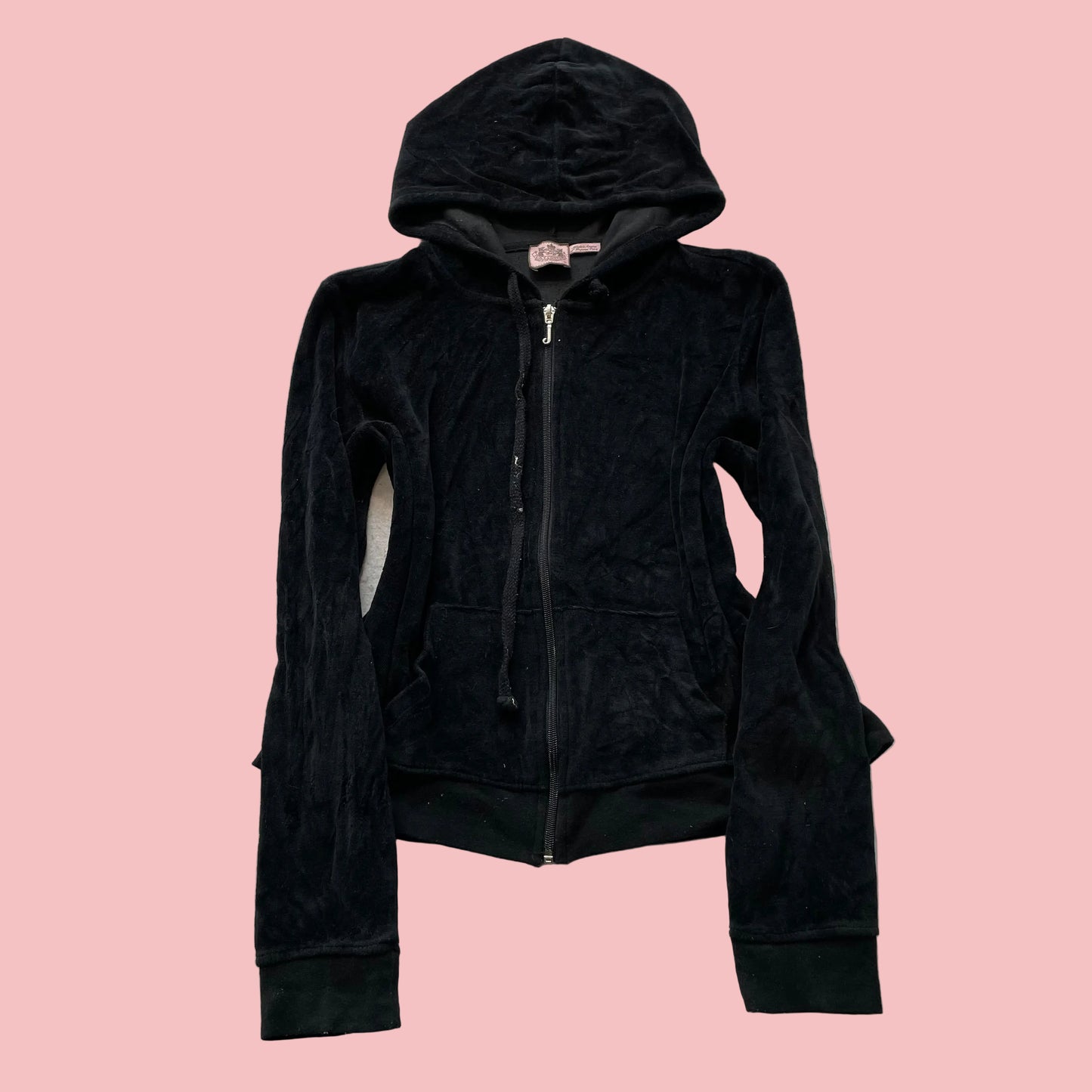 Juicy Couture Women's Black Velour Zip-Up Hoodie Drawstring Pockets Y2k Size XL