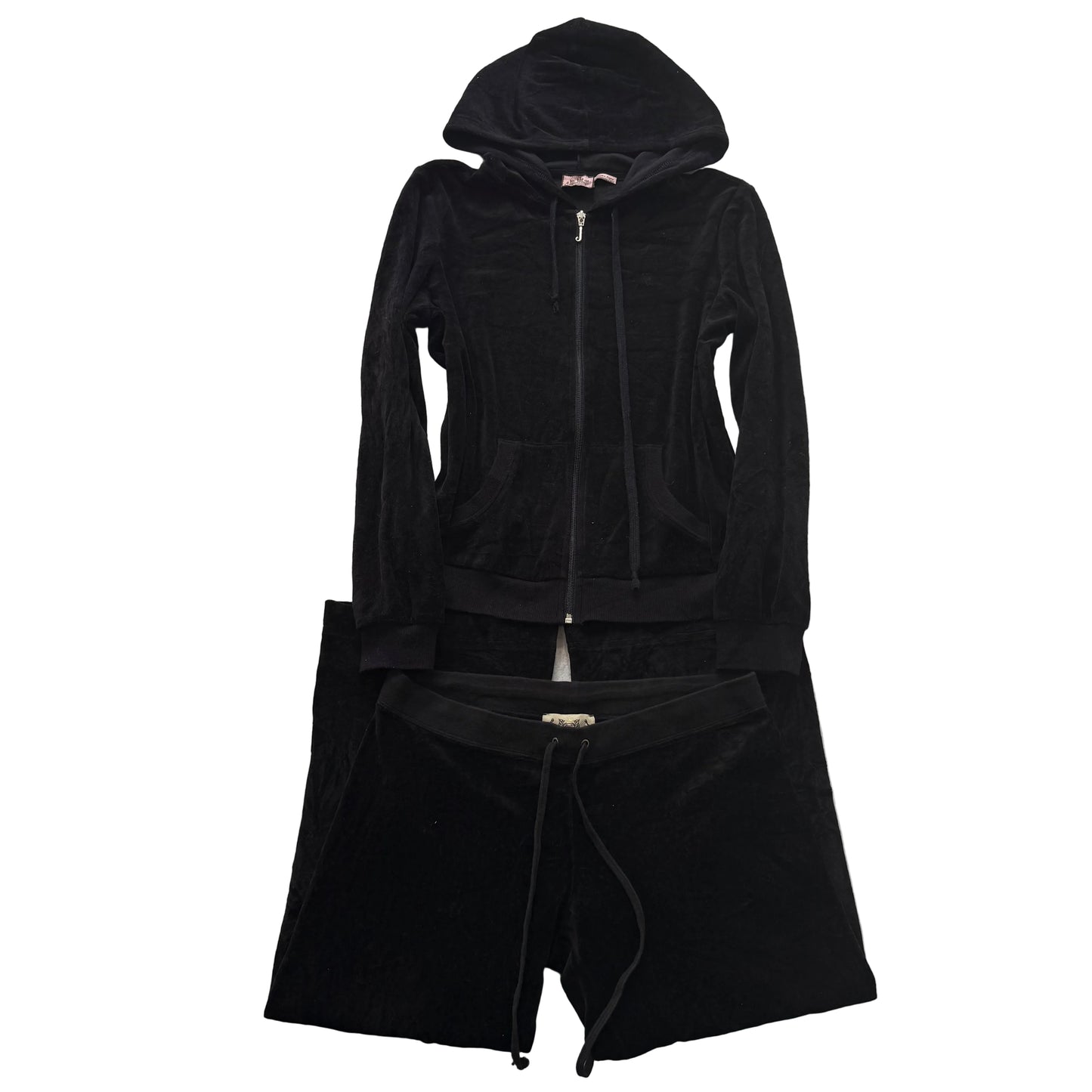 2003 Vintage Juicy Couture Women's Black Velour Hoodie & Capri Pant Set Size L/M