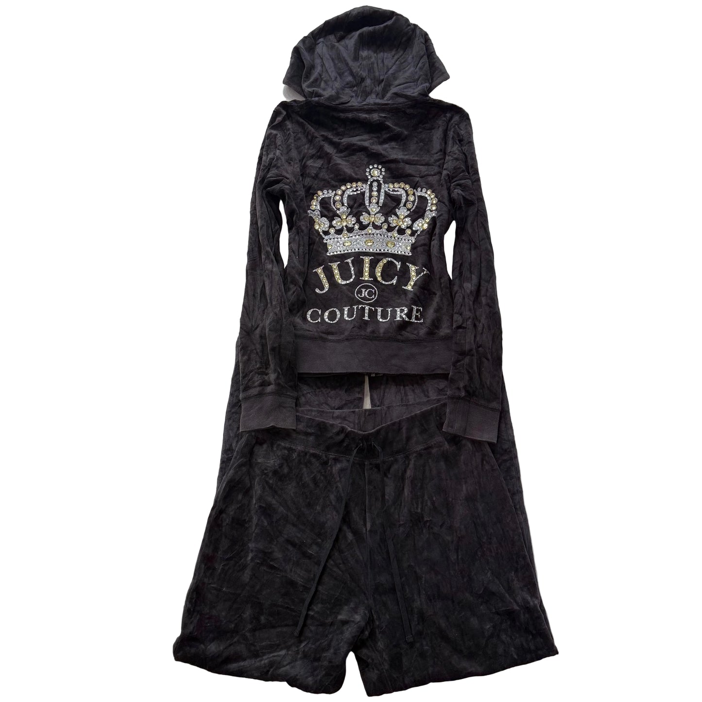 Juicy Couture Faded Black Velour Tracksuit Set Zip Up Hoodie & Flare Pant Size M