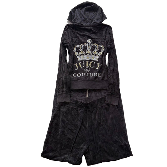 Juicy Couture Faded Black Velour Tracksuit Set Zip Up Hoodie & Flare Pant Size M