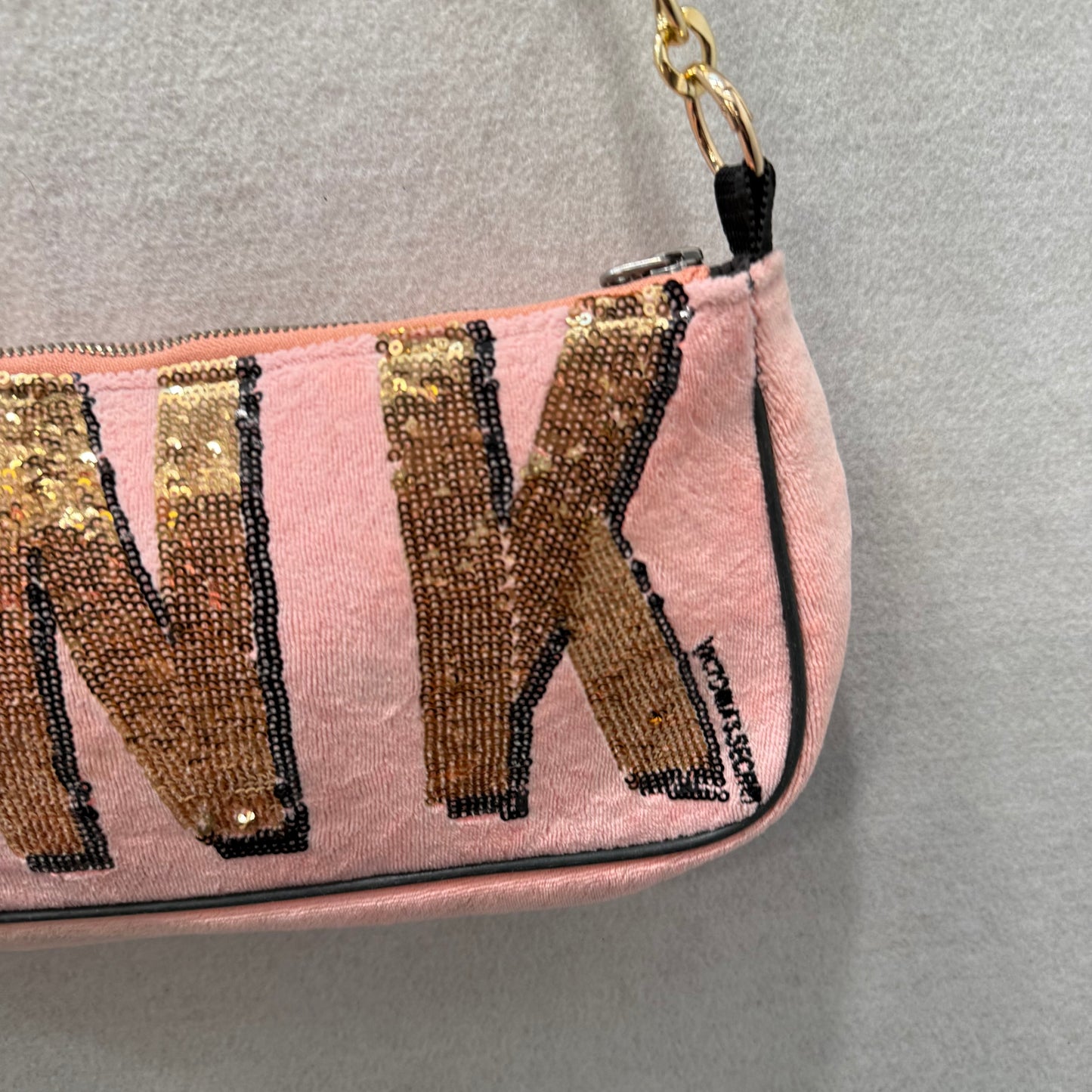 PINK Victoria's Secret Pink Velour Gold Sequin Logo Casual Shoulder Baguette Bag