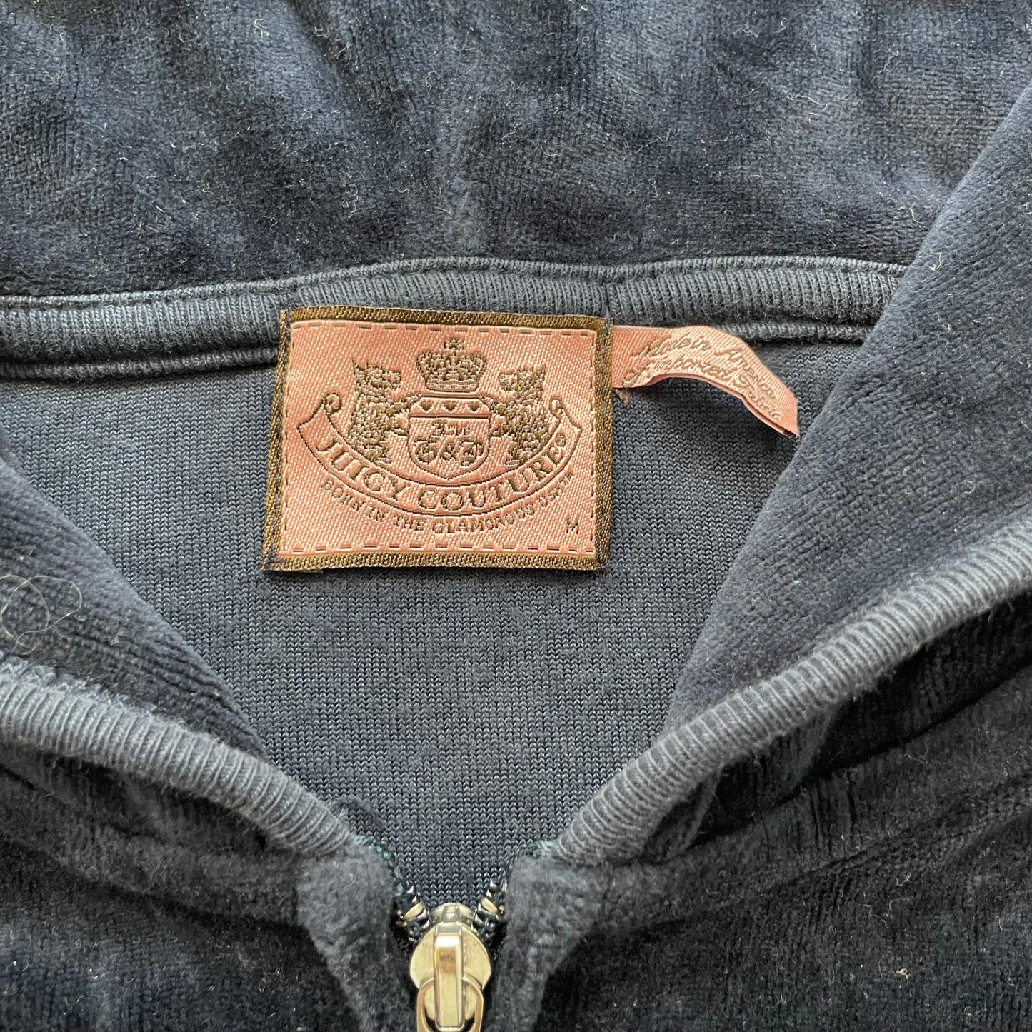 Juicy Couture Women's Navy Blue Velour Zip-Up Hoodie Short Sleeve Pockets Size M