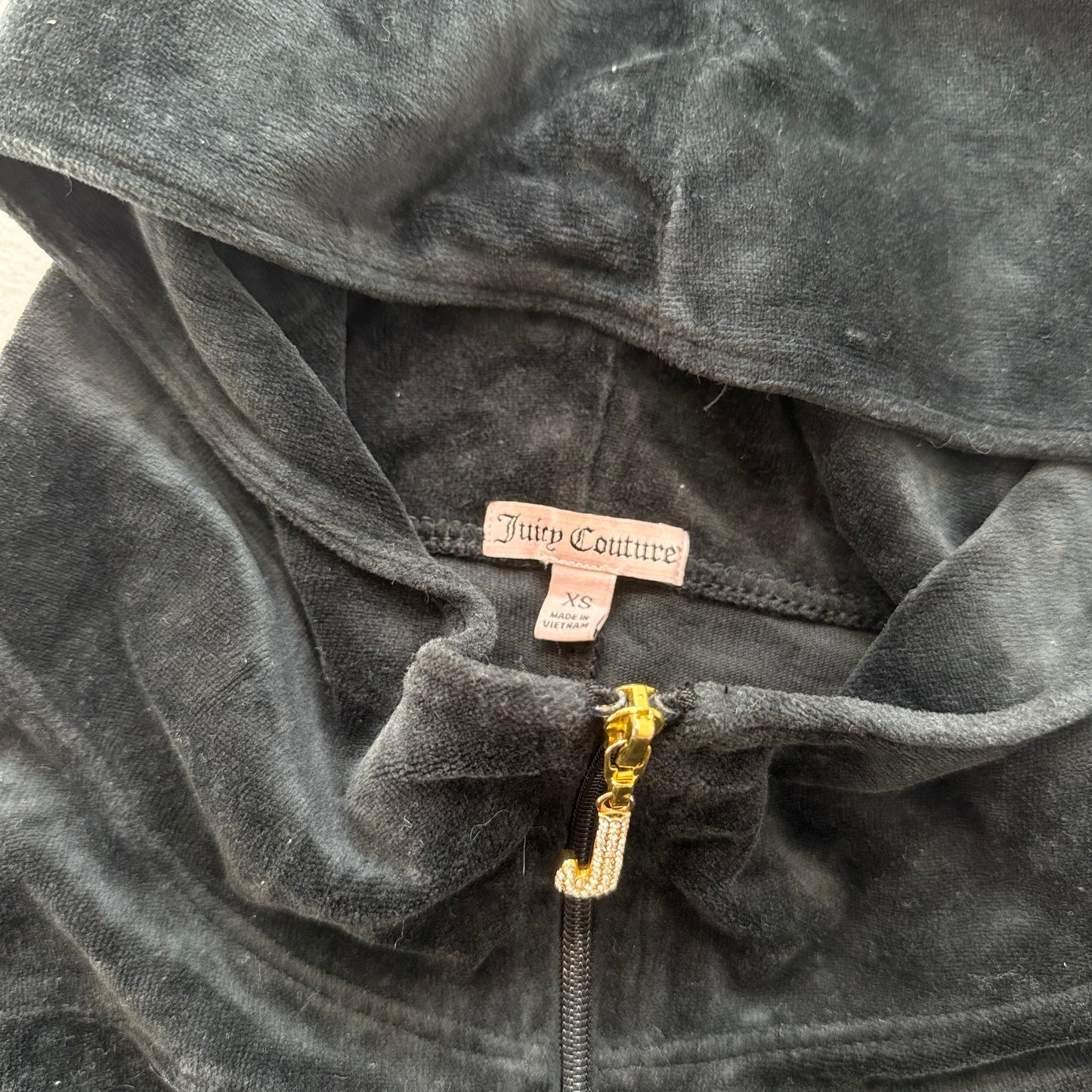 Juicy Couture Women's Black Velour Zip-Up Hoodie Rhinestone Zipper Y2k Size XS