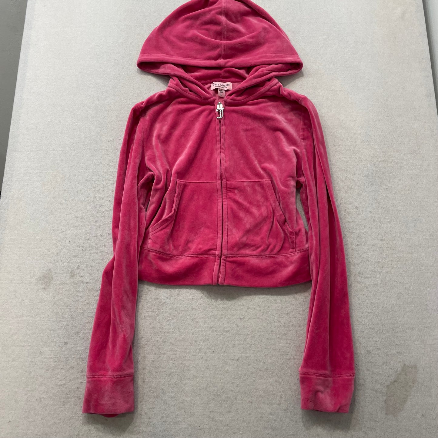 Juicy Couture Women's Pink Velour Full Zip Cropped Hoodie Rhinestone Logo Size L
