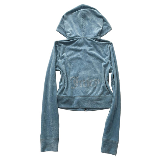 Juicy Couture Women's Light Blue Velour Zip-Up Cropped Hoodie Rhinestones Size S