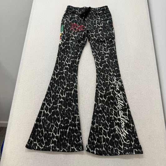 Ed Hardy Women Black Leopard Print Velour Flare Track Pant Eagle Graphic Size XS