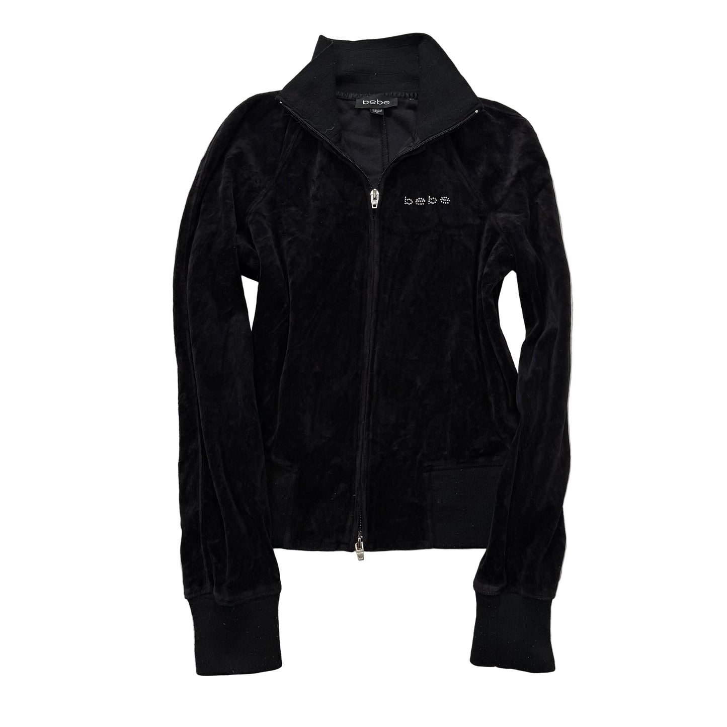 Bebe Women's Black Velour Full Zip Track Jacket Mock Neck Logo Streetwear Size M