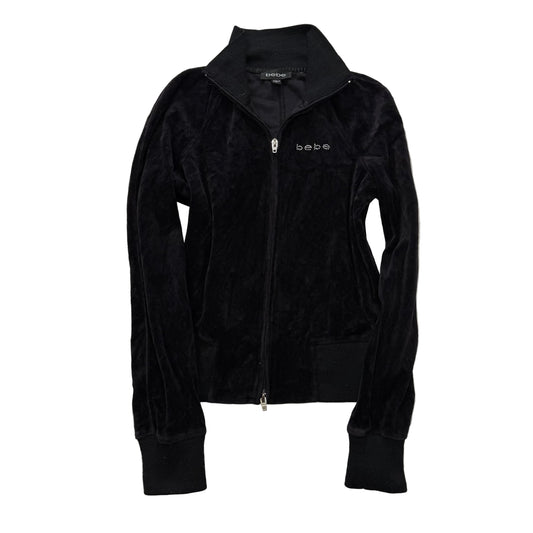 Bebe Women's Black Velour Full Zip Track Jacket Mock Neck Logo Streetwear Size M
