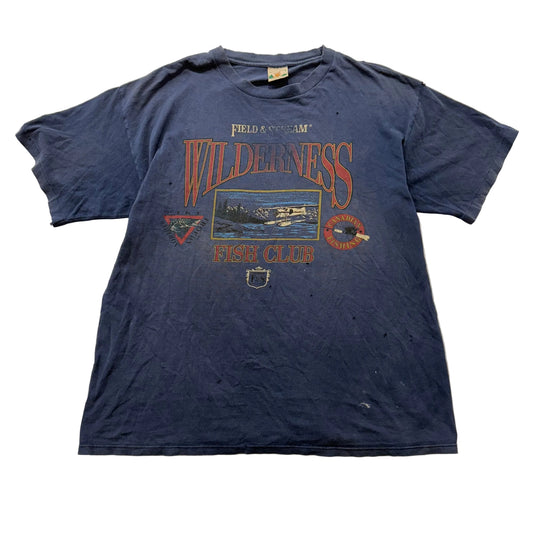 Vintage Field & Stream Wilderness Fish Club Men's Blue Graphic T-Shirt Size XL