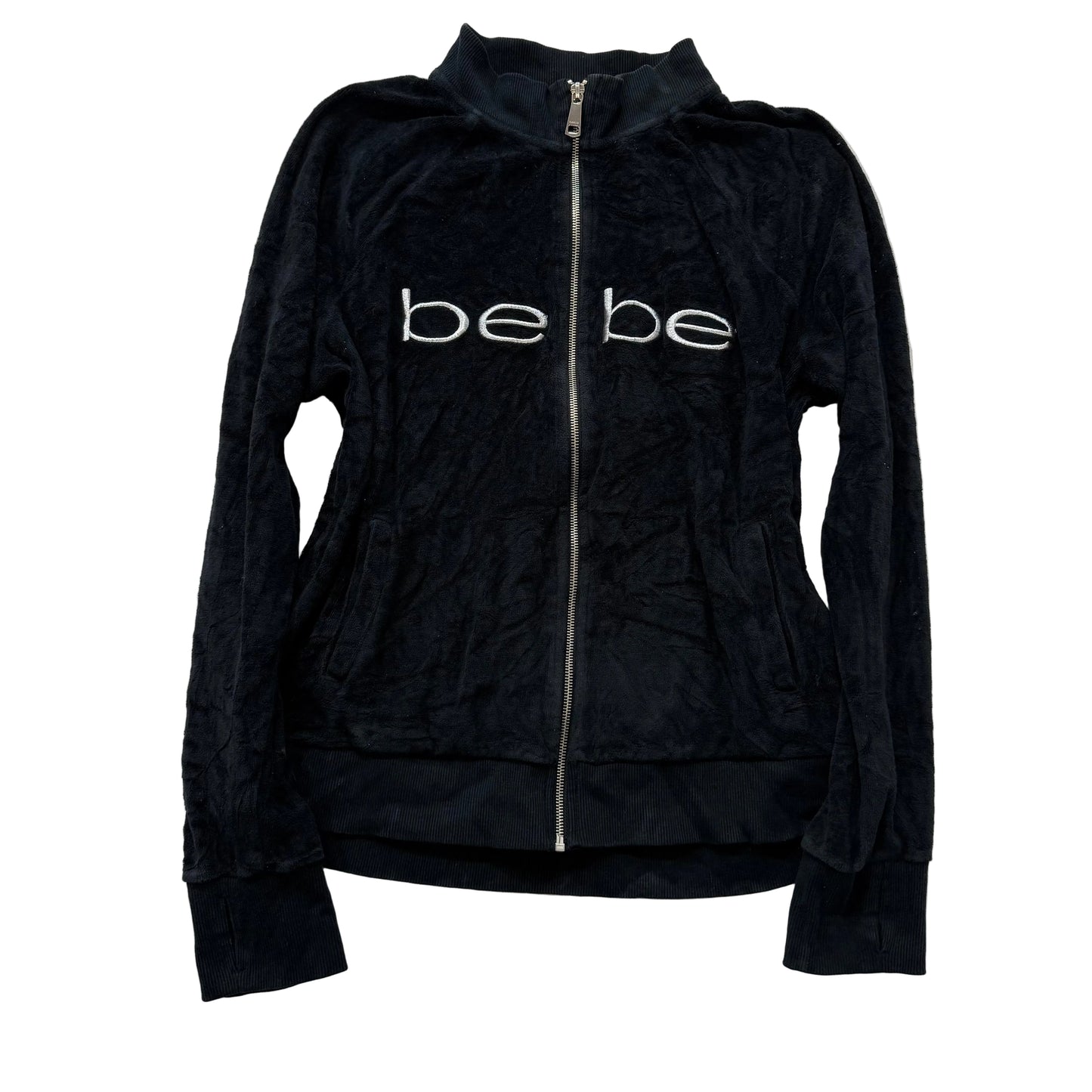 Bebe Women's Black Velour Full Zip Track Jacket Mock Neck Pockets Logo Size L