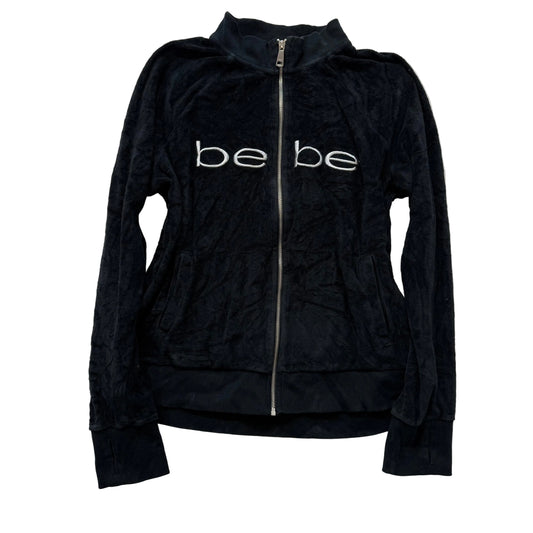 Bebe Women's Black Velour Full Zip Track Jacket Mock Neck Pockets Logo Size L