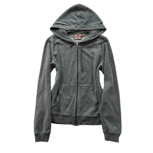 Vintage Juicy Couture Women's Dark Grey Velour Zip-Up Hoodie Drawstring Size S