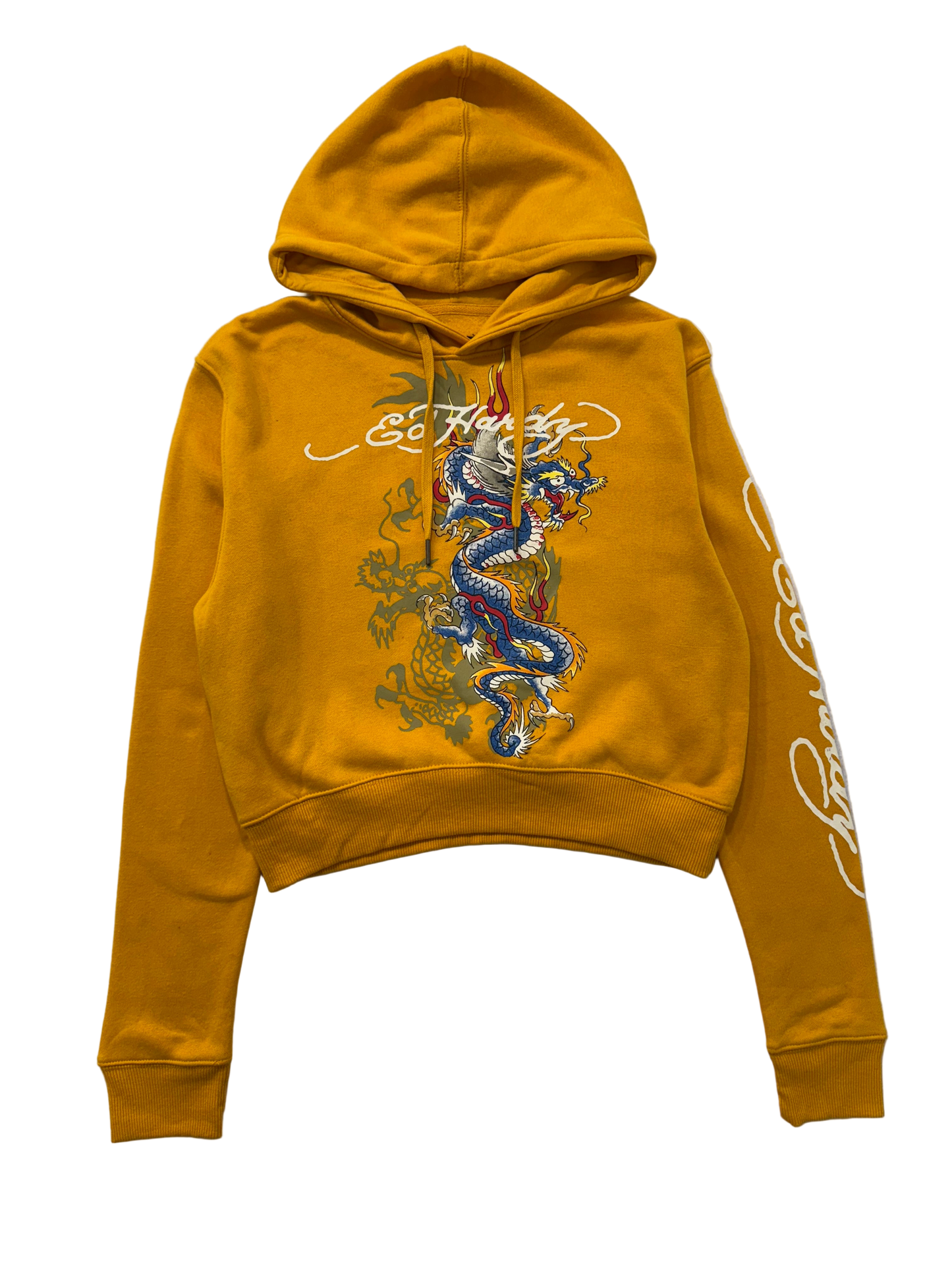 ED HARDY “Dragon” GOLDEN YELLOW CROPPED PULLOVER HOODIE - Clean Curriculums 