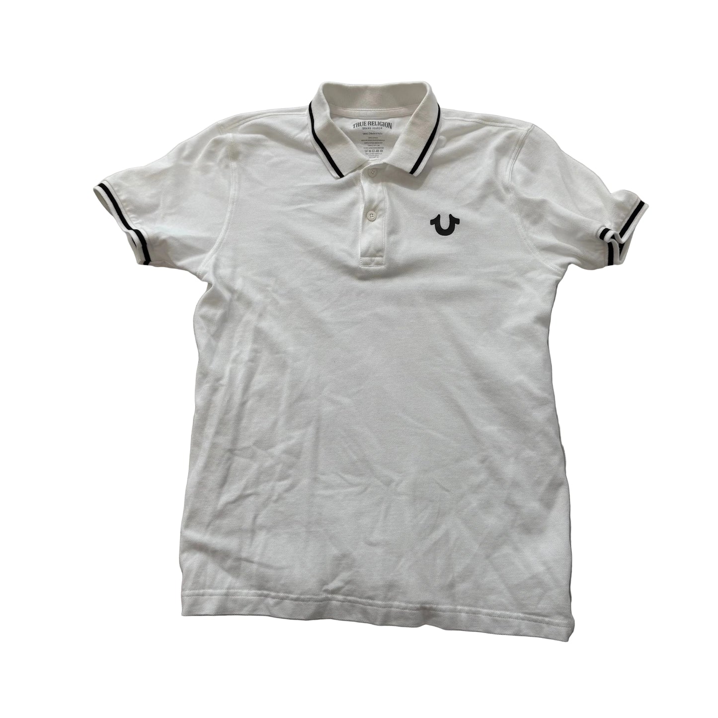True Religion Men's White Cotton Polo Shirt Short Sleeves Horseshoe Logo Size S